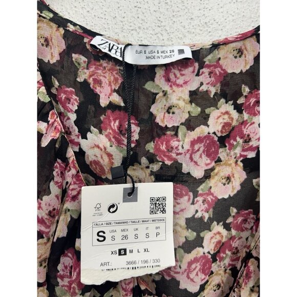 Zara Floral Mini Dress SMALL Button Front Long Sleeve Lightweight Ruffle Collar - Picture 7 of 8